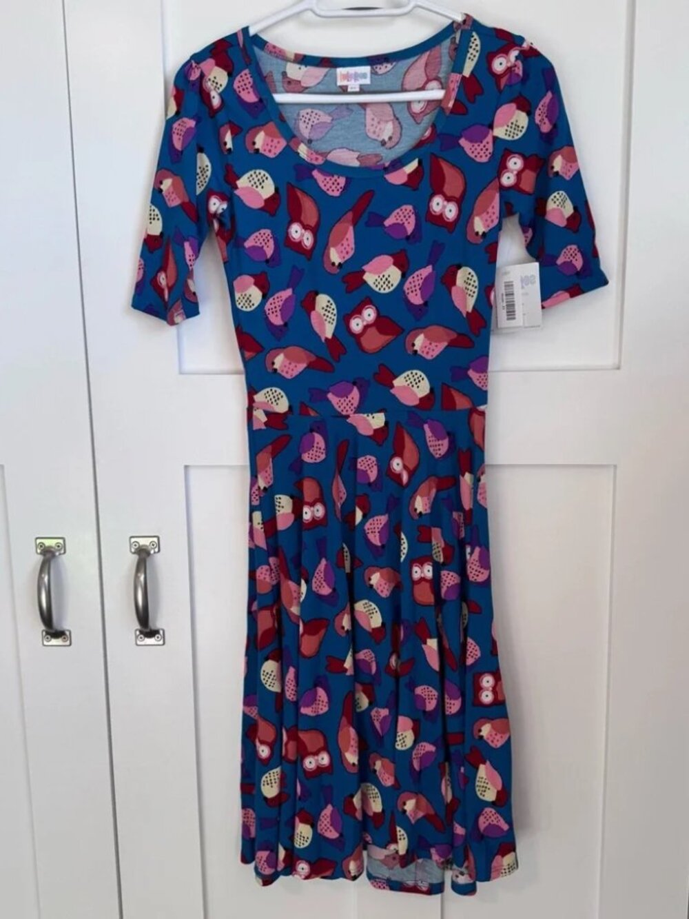 NWT LuLaRoe Nicole Dress Bird Owl Print Women's Size‎ XS Fit & Flare Half Sleeve